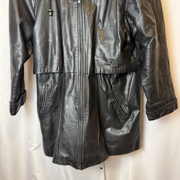 Vintage Leather Jacket Mens XL Black Hooded Drawstring Parka Coat 90s Zip Front - Picture 3 of 8